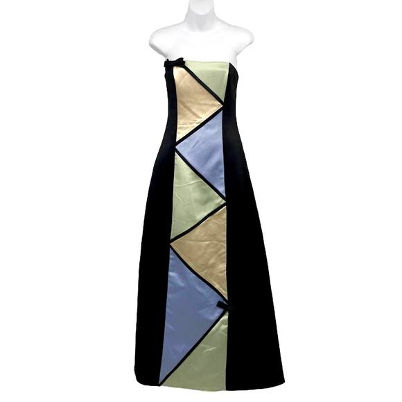 VTG Jessica McClintock Gunne Sax Colorblock Strapless Dress Y2K Geometric Satin - Picture 1 of 5